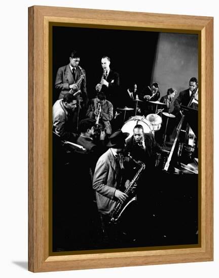 Count Basie at Piano, Lester Young on Sax, Dizzy Gellespie, Mezzrow on Clarinet, Gjon Mili's Studio-Gjon Mili-Framed Premier Image Canvas