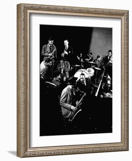 Count Basie at Piano, Lester Young on Sax, Dizzy Gellespie, Mezzrow on Clarinet, Gjon Mili's Studio-Gjon Mili-Framed Premium Photographic Print