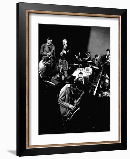 Count Basie at Piano, Lester Young on Sax, Dizzy Gellespie, Mezzrow on Clarinet, Gjon Mili's Studio-Gjon Mili-Framed Premium Photographic Print