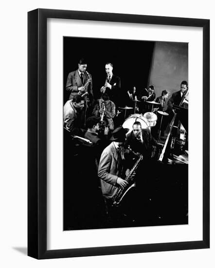 Count Basie at Piano, Lester Young on Sax, Dizzy Gellespie, Mezzrow on Clarinet, Gjon Mili's Studio-Gjon Mili-Framed Premium Photographic Print