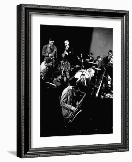 Count Basie at Piano, Lester Young on Sax, Dizzy Gellespie, Mezzrow on Clarinet, Gjon Mili's Studio-Gjon Mili-Framed Premium Photographic Print