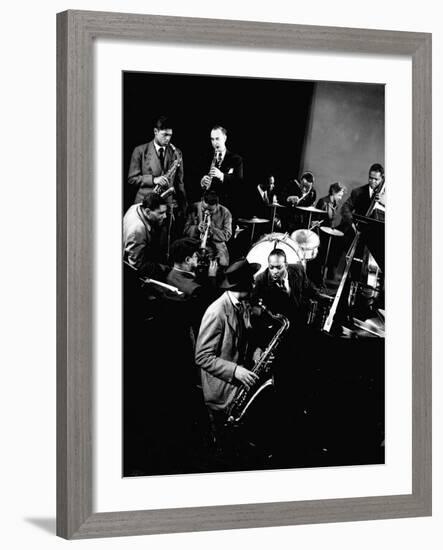 Count Basie at Piano, Lester Young on Sax, Dizzy Gellespie, Mezzrow on Clarinet, Gjon Mili's Studio-Gjon Mili-Framed Premium Photographic Print