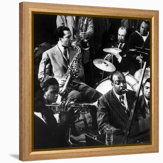 Count Basie at the Piano Among Other Musicians During Jam Session at Gjon Mili's Studio-Gjon Mili-Framed Premier Image Canvas