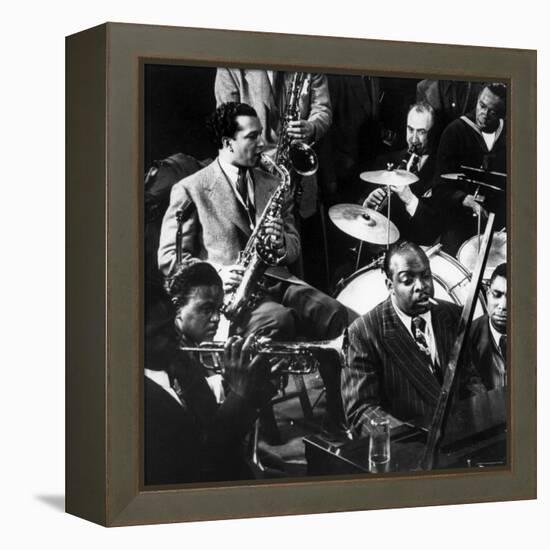 Count Basie at the Piano Among Other Musicians During Jam Session at Gjon Mili's Studio-Gjon Mili-Framed Premier Image Canvas