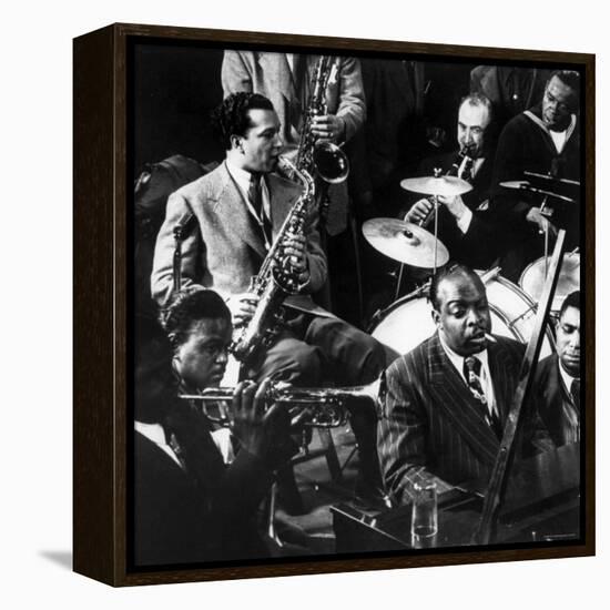 Count Basie at the Piano Among Other Musicians During Jam Session at Gjon Mili's Studio-Gjon Mili-Framed Premier Image Canvas