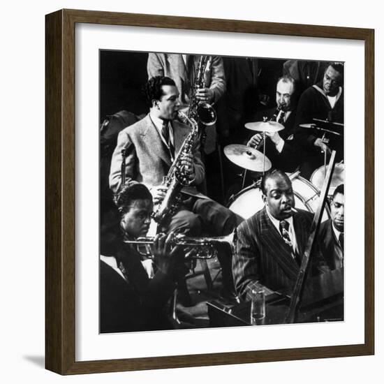 Count Basie at the Piano Among Other Musicians During Jam Session at Gjon Mili's Studio-Gjon Mili-Framed Premium Photographic Print