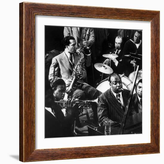 Count Basie at the Piano Among Other Musicians During Jam Session at Gjon Mili's Studio-Gjon Mili-Framed Premium Photographic Print