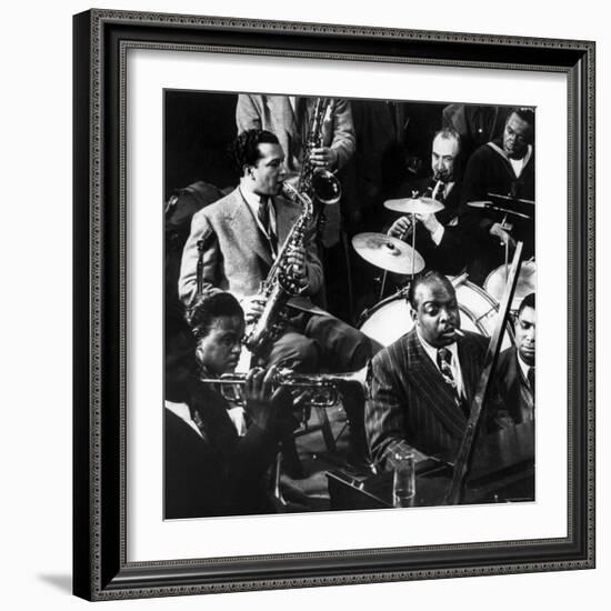 Count Basie at the Piano Among Other Musicians During Jam Session at Gjon Mili's Studio-Gjon Mili-Framed Premium Photographic Print