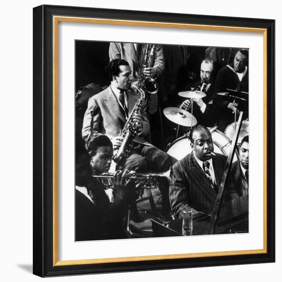 Count Basie at the Piano Among Other Musicians During Jam Session at Gjon Mili's Studio-Gjon Mili-Framed Premium Photographic Print