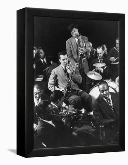 Count Basie, Lester Young and Others at Jam Session-Gjon Mili-Framed Premier Image Canvas