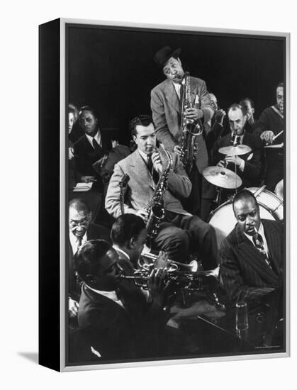 Count Basie, Lester Young and Others at Jam Session-Gjon Mili-Framed Premier Image Canvas