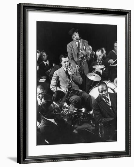 Count Basie, Lester Young and Others at Jam Session-Gjon Mili-Framed Premium Photographic Print