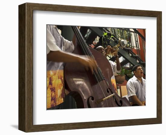 Counterbass with Trumpet Player, Part of Traditional Band Playing in a Cafe, Habana Vieja, Cuba-Eitan Simanor-Framed Photographic Print