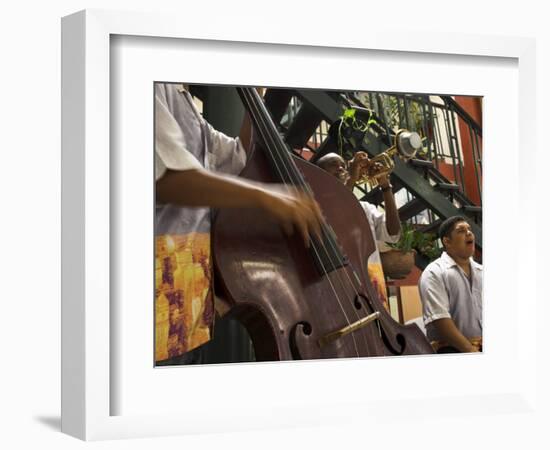 Counterbass with Trumpet Player, Part of Traditional Band Playing in a Cafe, Habana Vieja, Cuba-Eitan Simanor-Framed Photographic Print