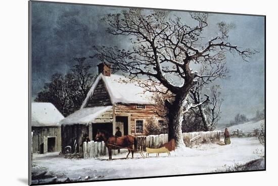 Country Cabin in an American Winter Scene-Currier & Ives-Mounted Giclee Print