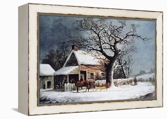 Country Cabin in an American Winter Scene-Currier & Ives-Framed Premier Image Canvas