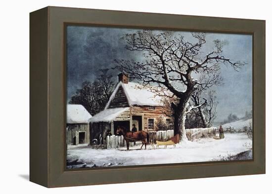 Country Cabin in an American Winter Scene-Currier & Ives-Framed Premier Image Canvas