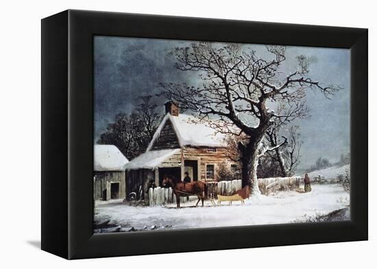Country Cabin in an American Winter Scene-Currier & Ives-Framed Premier Image Canvas