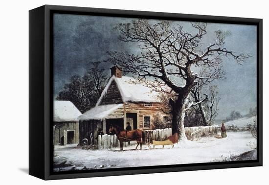 Country Cabin in an American Winter Scene-Currier & Ives-Framed Premier Image Canvas