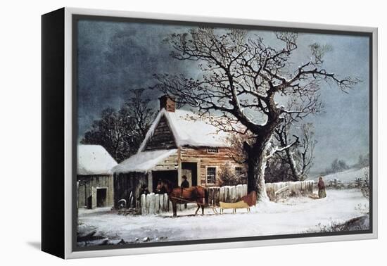 Country Cabin in an American Winter Scene-Currier & Ives-Framed Premier Image Canvas