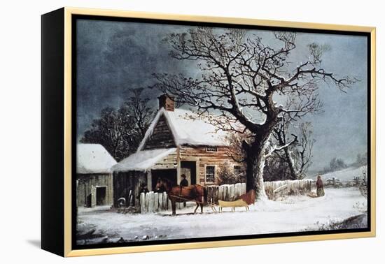 Country Cabin in an American Winter Scene-Currier & Ives-Framed Premier Image Canvas