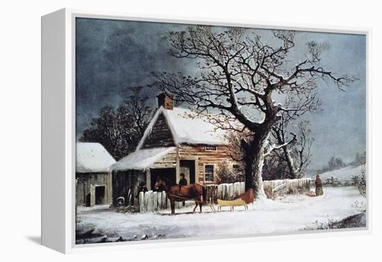 Country Cabin in an American Winter Scene-Currier & Ives-Framed Premier Image Canvas