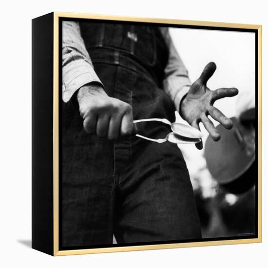 Country Music: Close Up of Spoons Being Played by Man in Overalls-Eric Schaal-Framed Premier Image Canvas