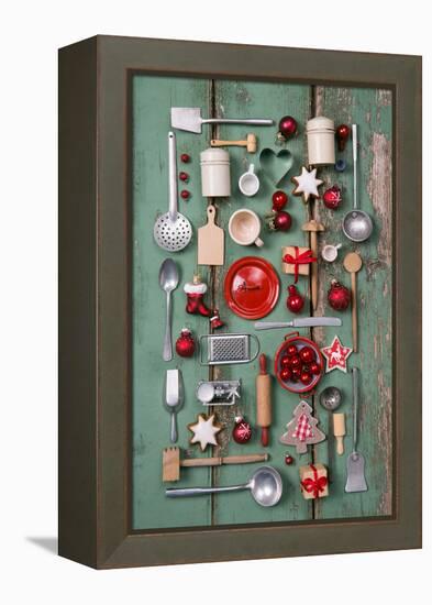 Country Style or Wooden Vintage Christmas Background for Kitchen and Menu Decoration.-Jeanette Dietl-Framed Premier Image Canvas