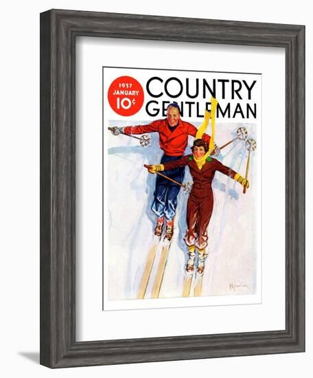 "Couple Downhill Skiing," Country Gentleman Cover, January 1, 1937-R.J. Cavaliere-Framed Giclee Print