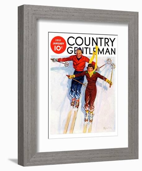 "Couple Downhill Skiing," Country Gentleman Cover, January 1, 1937-R.J. Cavaliere-Framed Giclee Print