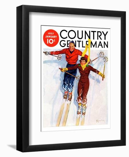 "Couple Downhill Skiing," Country Gentleman Cover, January 1, 1937-R.J. Cavaliere-Framed Giclee Print