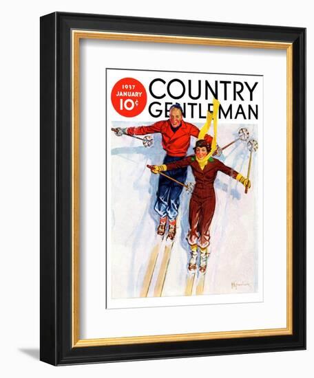 "Couple Downhill Skiing," Country Gentleman Cover, January 1, 1937-R.J. Cavaliere-Framed Giclee Print