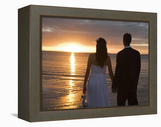 Couple Hand in Hand Watch Sun Set from Beach, Kingfisher Bay, Fraser Island, Queensland, Australia-Andrew Watson-Framed Premier Image Canvas