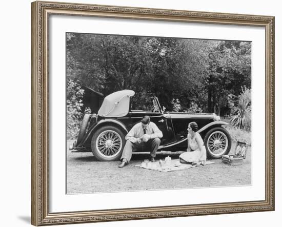 Couple Having a Picnic by an Mg Ta Midget, Late 1930S-null-Framed Photographic Print