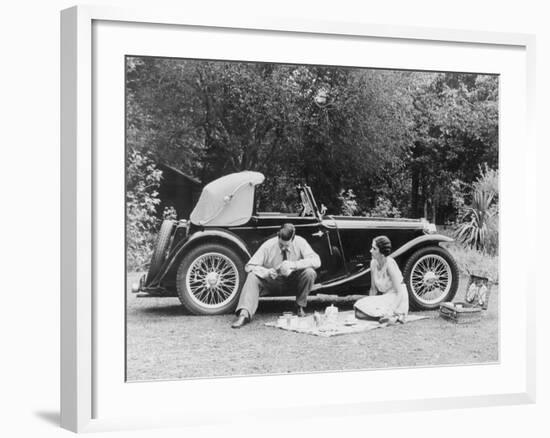 Couple Having a Picnic by an Mg Ta Midget, Late 1930S-null-Framed Photographic Print