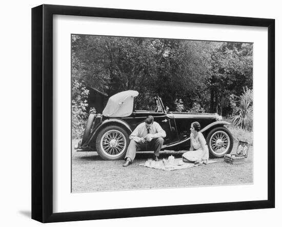 Couple Having a Picnic by an Mg Ta Midget, Late 1930S-null-Framed Photographic Print