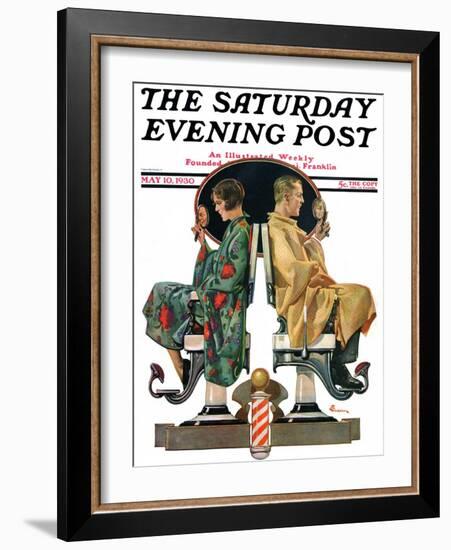 "Couple in Barber Chairs," Saturday Evening Post Cover, May 10, 1930-Elbert Mcgran Jackson-Framed Giclee Print