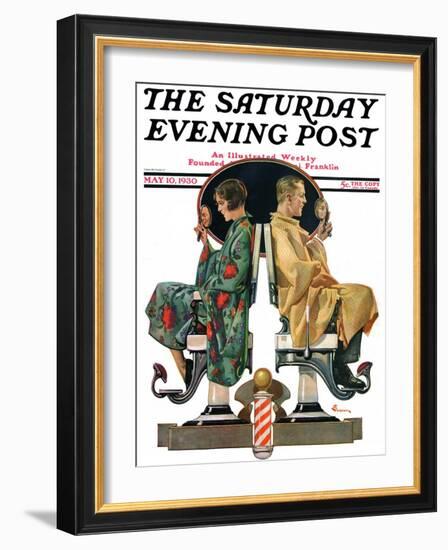 "Couple in Barber Chairs," Saturday Evening Post Cover, May 10, 1930-Elbert Mcgran Jackson-Framed Giclee Print