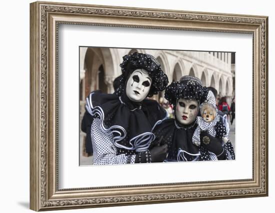 Couple in Black and White with Clown Puppet, Venice Carnival, Venice, Veneto, Italy, Europe-James Emmerson-Framed Photographic Print