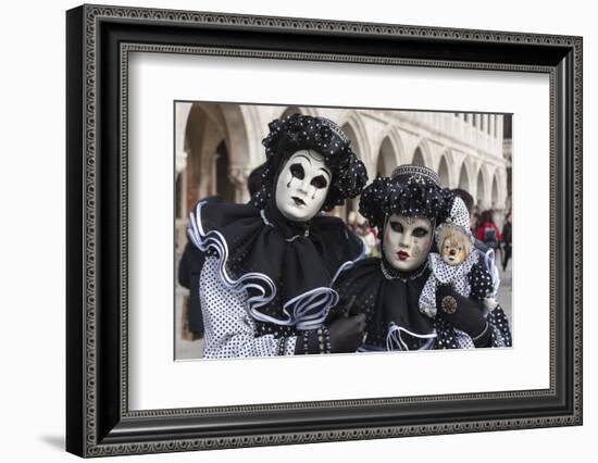 Couple in Black and White with Clown Puppet, Venice Carnival, Venice, Veneto, Italy, Europe-James Emmerson-Framed Photographic Print