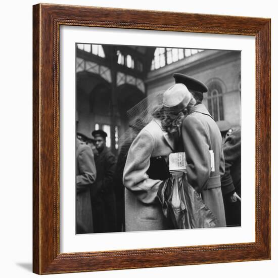 Couple in Penn Station Sharing Farewell Embrace Before He Ships Off to War During WWII-Alfred Eisenstaedt-Framed Photographic Print