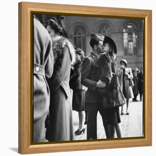 Couple in Penn Station Sharing Farewell Kiss Before He Ships Off to War During WWII-Alfred Eisenstaedt-Framed Premier Image Canvas
