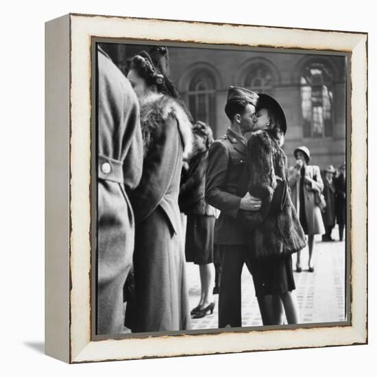 Couple in Penn Station Sharing Farewell Kiss Before He Ships Off to War During WWII-Alfred Eisenstaedt-Framed Premier Image Canvas