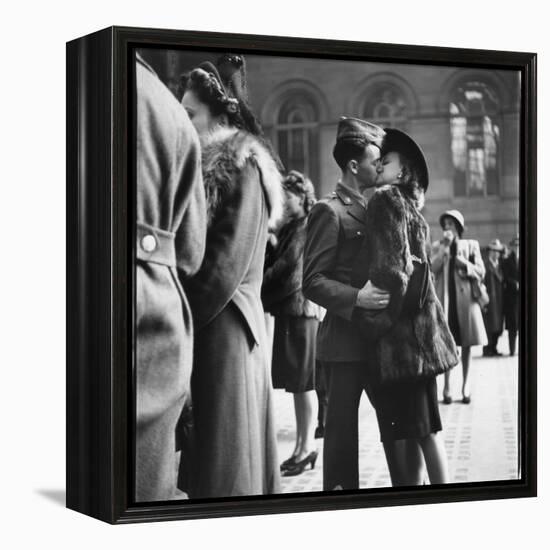 Couple in Penn Station Sharing Farewell Kiss Before He Ships Off to War During WWII-Alfred Eisenstaedt-Framed Premier Image Canvas