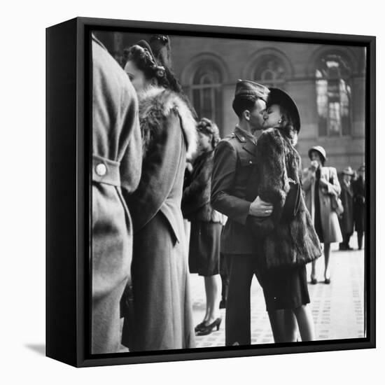 Couple in Penn Station Sharing Farewell Kiss Before He Ships Off to War During WWII-Alfred Eisenstaedt-Framed Premier Image Canvas