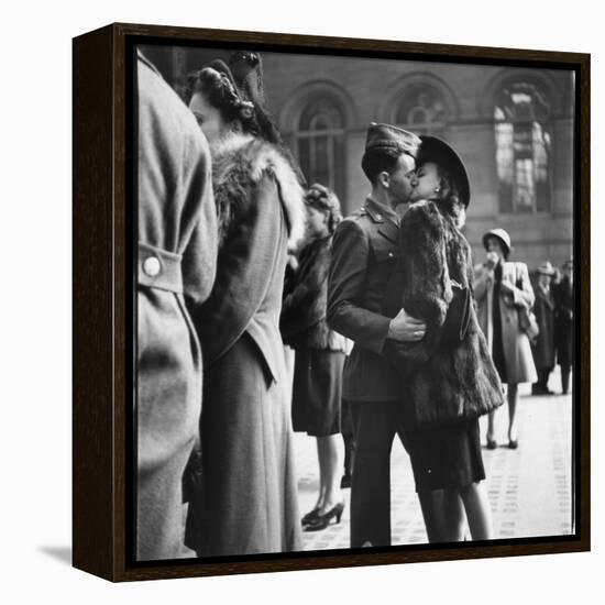 Couple in Penn Station Sharing Farewell Kiss Before He Ships Off to War During WWII-Alfred Eisenstaedt-Framed Premier Image Canvas