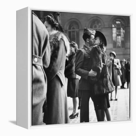 Couple in Penn Station Sharing Farewell Kiss Before He Ships Off to War During WWII-Alfred Eisenstaedt-Framed Premier Image Canvas