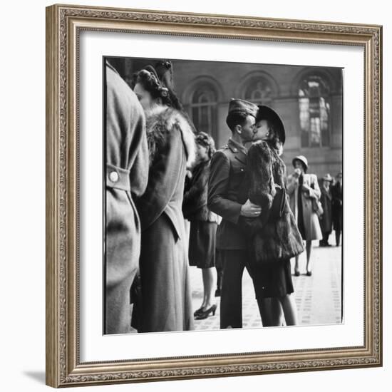 Couple in Penn Station Sharing Farewell Kiss Before He Ships Off to War During WWII-Alfred Eisenstaedt-Framed Photographic Print