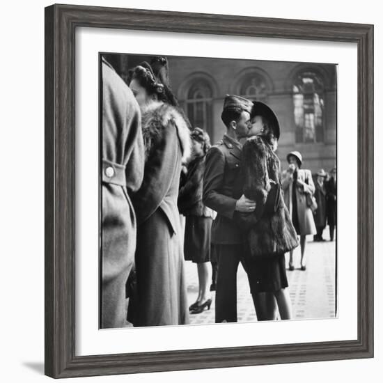 Couple in Penn Station Sharing Farewell Kiss Before He Ships Off to War During WWII-Alfred Eisenstaedt-Framed Photographic Print