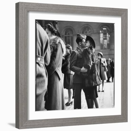 Couple in Penn Station Sharing Farewell Kiss Before He Ships Off to War During WWII-Alfred Eisenstaedt-Framed Photographic Print